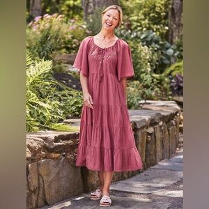 NWT April Cornell Muse Dress in Wine Red Floral Midi Tie Back Tiered Size Medium